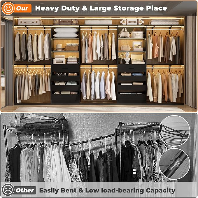 Aheaplus Closet System with Drawers Set of 2, Wood Closet Organizer System with 8 Hanging Rods & Top Shelves, Walk-in Closets Organizer Wardrobe Clothes Rack System, Cut Fits Spaces 4-9FT. Wide, Black