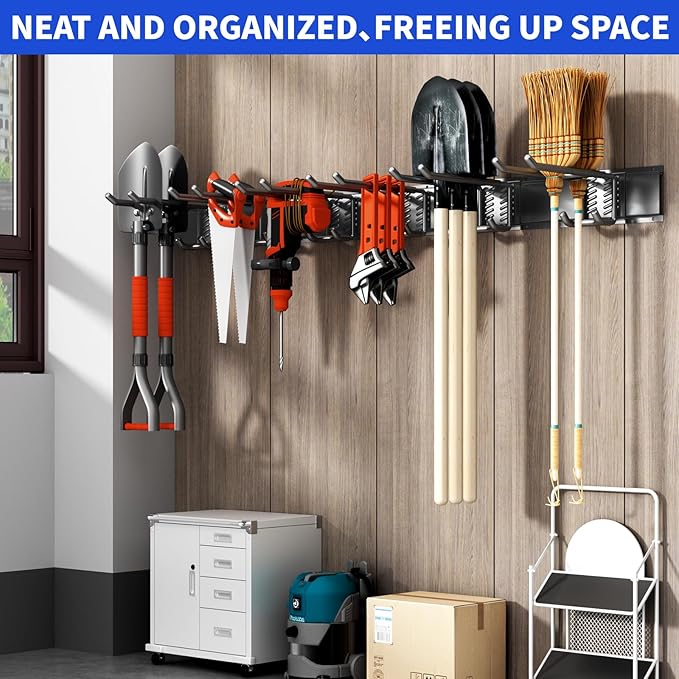 Garage Tool Organizer Wall Mount, 48inch Heavy Duty Garden Tool organizer Storage System, Easy Install With 6 Adjustable Bilayer Hooks, For Garage, Basement, Shed, Workshop(Black)
