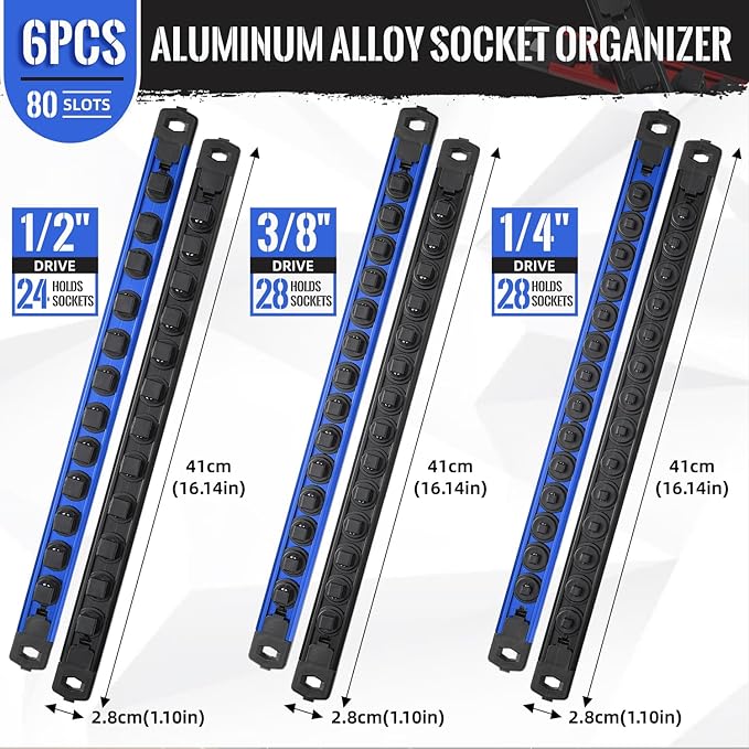 Magnetic Socket Organizer - 6-Piece Heavy Duty Aluminum Socket Holder with 80 Clips for 1/2, 3/8, 1/4-Inch (Black & Blue)