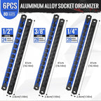 Magnetic Socket Organizer - 6-Piece Heavy Duty Aluminum Socket Holder with 80 Clips for 1/2, 3/8, 1/4-Inch (Black & Blue)