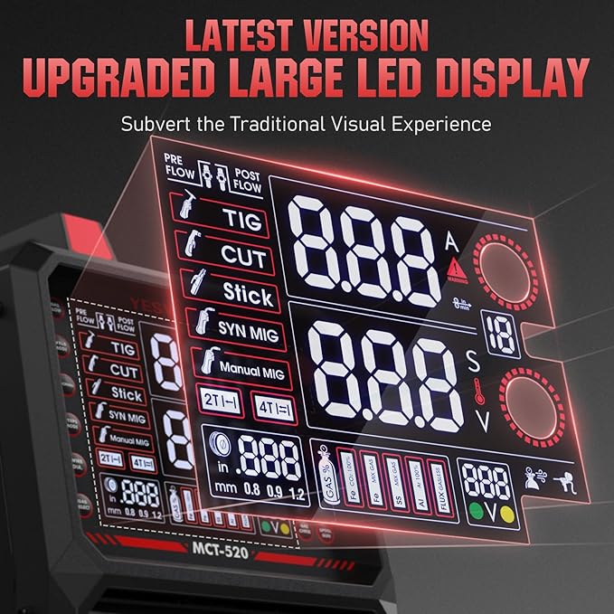 YESWELDER Multifunctional Welders Combo&Plasma Cutter, 6-In-1 MIG/Flux Core MIG/CUT/TIG/Stick/Spool Gun Compatible, 200A MIG/TIG/Stick & 50A CUT, 110V/220V MCT-520