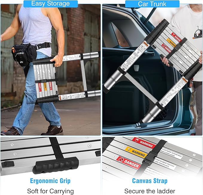 Telescoping Ladders 8.5 FT Stainless Steel - One-Button Retraction Collapsible Extension Ladder for Home,RV,Loft, Lasts 375 LBS with 2 Triangle Stabilizers