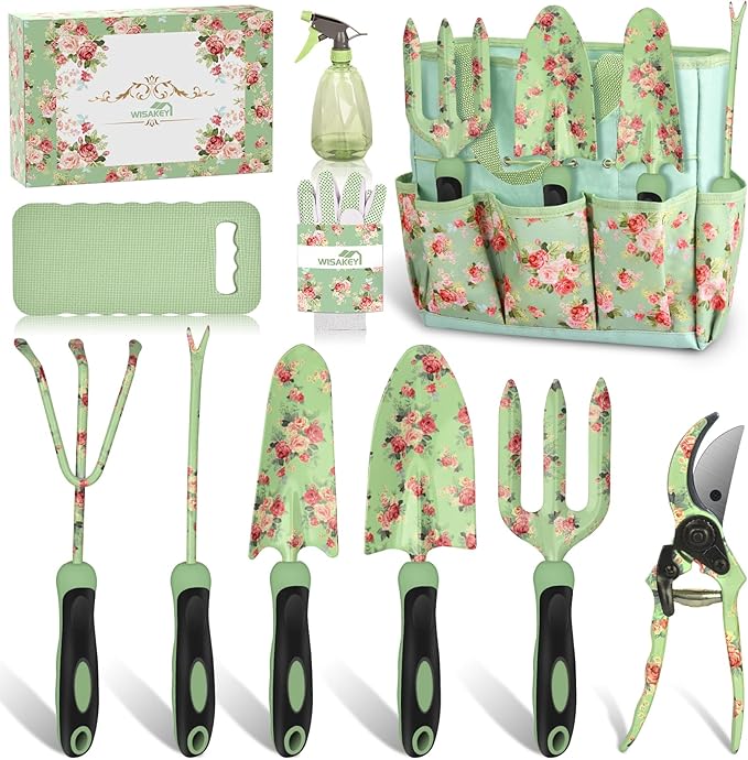 Gardening Tools, WisaKey 10 Piece Heavy Duty Garden Tools Set with Handle, Durable Fashion Garden Organizer Handbag, Ideal Gardening Gifts for Women