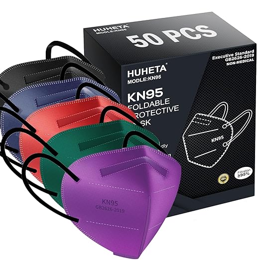 HUHETA 50 Packs KN95 Face Mask 5-Ply Breathable & Comfortable Filter Safety Mask (50PCS-MTC II Color)
