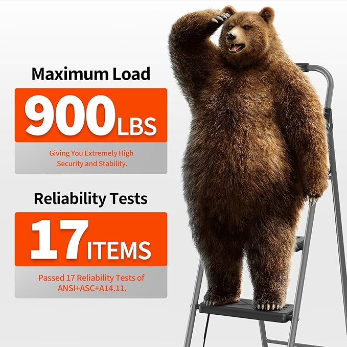 3 Step Ladder, Folding Step Stool with Anti-Slip Wide Pedal, Soft Handle, Anti-Slip Feet, Sturdiest Steel Construction, 900lbs Capacity Steel Ladder for Home and Office, Grey