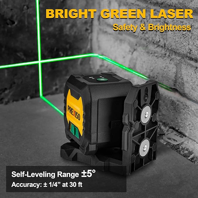 PREXISO Laser Level with 47 Inch Tripod, IP54 Rechargeable 65Ft Green Cross Line Laser Self Leveling, Light Indicator, 3 Brightness Mode, Lazer Leveler Tool for Picture Hanging, Tile, Home Renovation