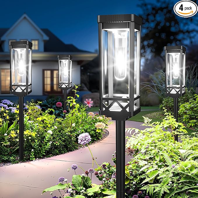 KOOPER Taller Solar Pathway Lights Outdoor, 4 Pack Upgraded Brighter Solar Garden Lights Solar Powered, Up to 15 Hours Outdoor Solar Lights for Yard Landscape Path Walkway Driveway （Cool White）