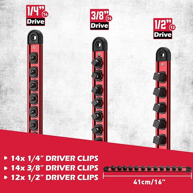 Magnetic Socket Holder Organizer Set: 3-Piece Detachable 1/4, 3/8, 1/2 Socket Trays Socket Organizer for Tool Box Drawer Holds 40-Piece Standard Size Sockets for Automotive Mechanic Garage(Red)