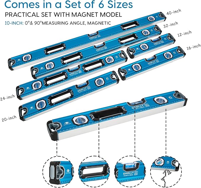 6-Piece Spirit Level Set (12", 16", 20", 24", 32", 40"), Level Set with Magnetic Torpedo, 45°/90°/180°Bubbles Measuring, Aluminium Alloy Levels, Open Top View Design