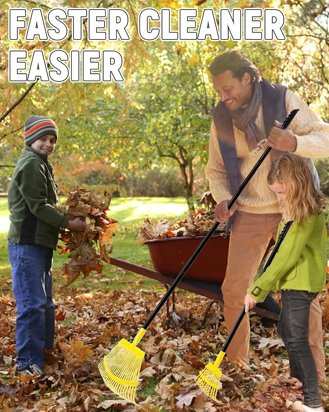 Garden Leaf Rake 2 Pack, 11+25 Tines Metal Leaf Rake with Adjustable Handle, Heavy Duty Lawn Yard Rakes Set for Leaves, Grass, Shrubs, Debris, Pine Needles, Garden Cleanup Tools for Backyard