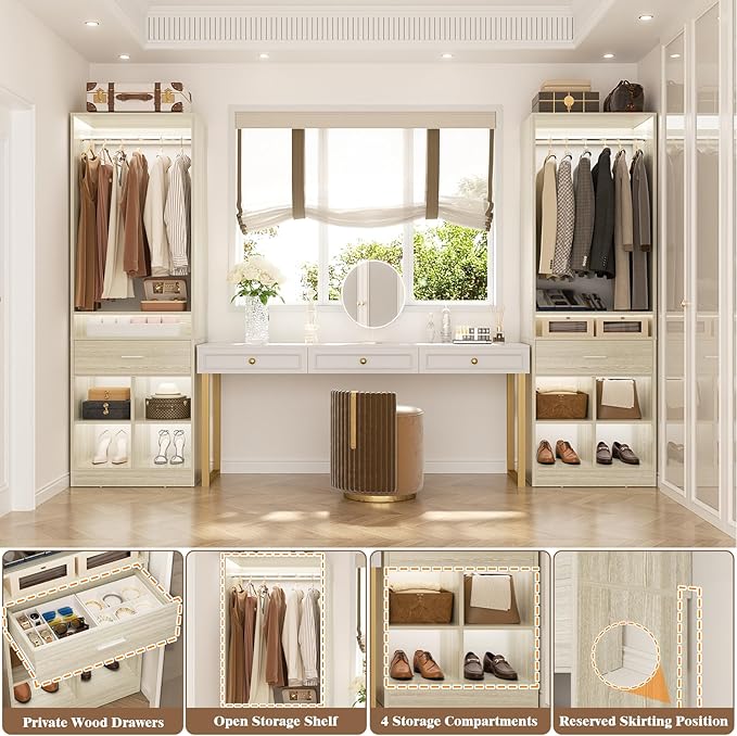 Unikito Freestanding Closet System with Wood Drawer and 4 Cubby Storage, Closet Organizer with Hanging Rods & Shelves, 25‘’W X 80'' H Clothes Garment Rack, Walk in Closet Tower Wardrobe, White Oak