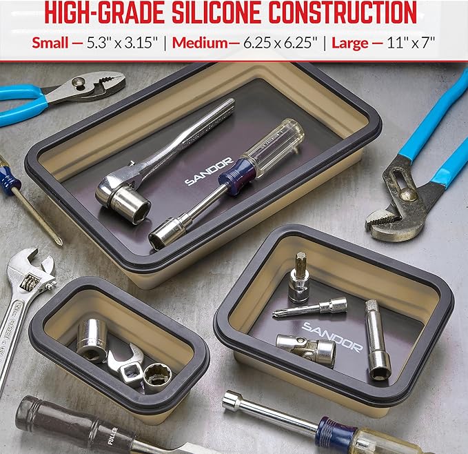 Collapsible Magnetic Parts Tray Set - 3 Different Size Tool Trays for Screw, Bolts, Nuts, Washers, Pins and Other Small Metal Parts, Mechanic Tool Gifts for Men - Khaki