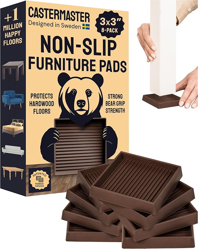 CasterMaster Rubber Feet Non-Slip Furniture Pads Square - 3 x 3 in Brown 8-Pack - Floor Protectors for Chairs & Hardwood Floors - Keep Furniture from Sliding
