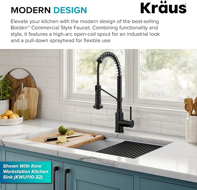 KRAUS Bolden Commercial Style 2-Function Single Handle Pull Down Kitchen Faucet in Matte Black, KPF-1610MB