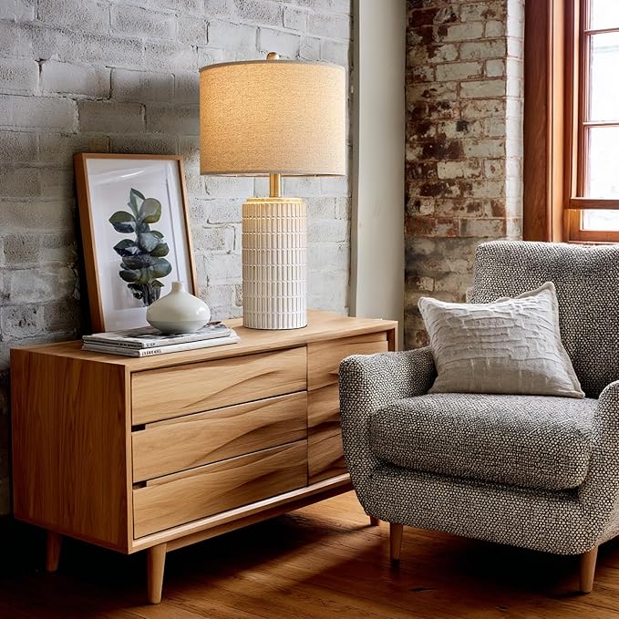 PoKat 24" Modern Ceramic Table Lamps Set of 2 for Bedroom, White Bedside Lamps for Night Stands, Farmhouse Desk Decor Nightstand Table Lamps for Living Room End Table Beige