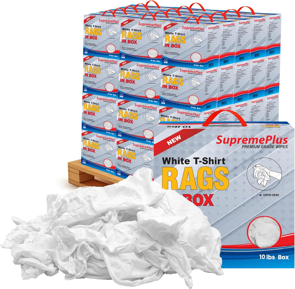 Premium White T-Shirt Cleaning Rags (600 lbs. Pallet 60x10 lbs. Compressed Box of Rags) – White Cotton Cloths for Cleaning, Staining, Painting, Oil, Grease & Dust Removal