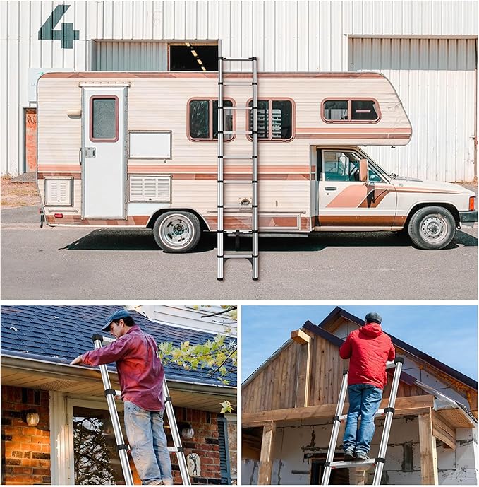 Telescoping Ladders 8.5 FT Aluminum Ladder - One-Button Retraction Collapsible Telescopic Ladder for Home,RV,Attic & Loft, Lasts 330 LBS with 2 Triangle Stabilizers and 2 Detachable Hooks