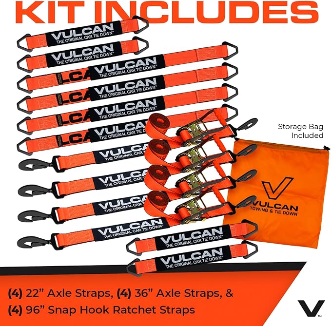VULCAN Complete Axle Strap Tie Down Kit s - PROSeries - Includes (4) 22 Inch Axle Straps, (4) 36 Inch Axle Straps, and (4) 8' Snap Hook Ratchet Straps
