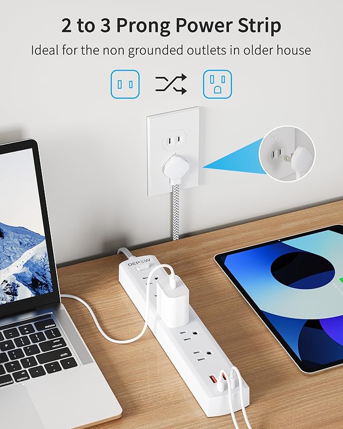 2 Prong Power Strip, 2 to 3 Prong Outlet Adapter with 5 AC & 4 USB Ports (2 USB C), 5FT Braided Cord, 1700J Two Prong Surge Protector, Wall Mountable, Ideal for Old House Non-Grounded Outlets