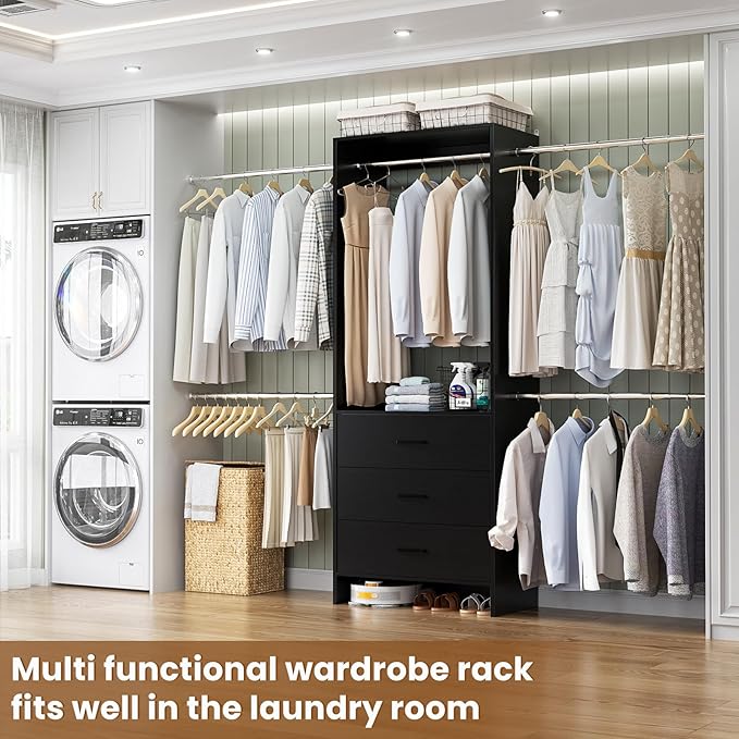 Aheaplus Closet System With 3 Wooden Drawers, Walk-in Wardrobe Organizer, Clothes Rack With 4 Hanging Rods, Garment Rack, -4R, Black