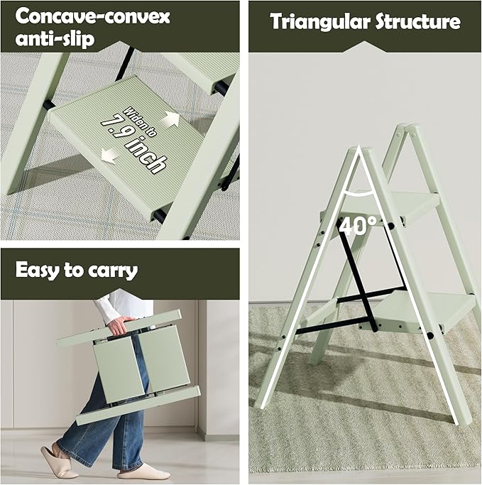 Taranta 2 Step Ladder,Aluminum Lightweight Folding 2 Step Stool with Anti-Slip Wide Pedal,330lbs Capacity Step Ladder for Household,Kitchen,Office - Fairyland Green