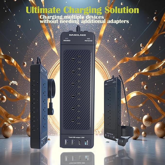 Surge Protector Power Strip Heavy Duty 10 ft Cord High Joules Protection (4800J)/18AC outlets/USBs (2A+2C PD20W)/1875W/15A,Flat Plug,Commercial,Industrial,Office,Home,College,Black,Insurance Coverage