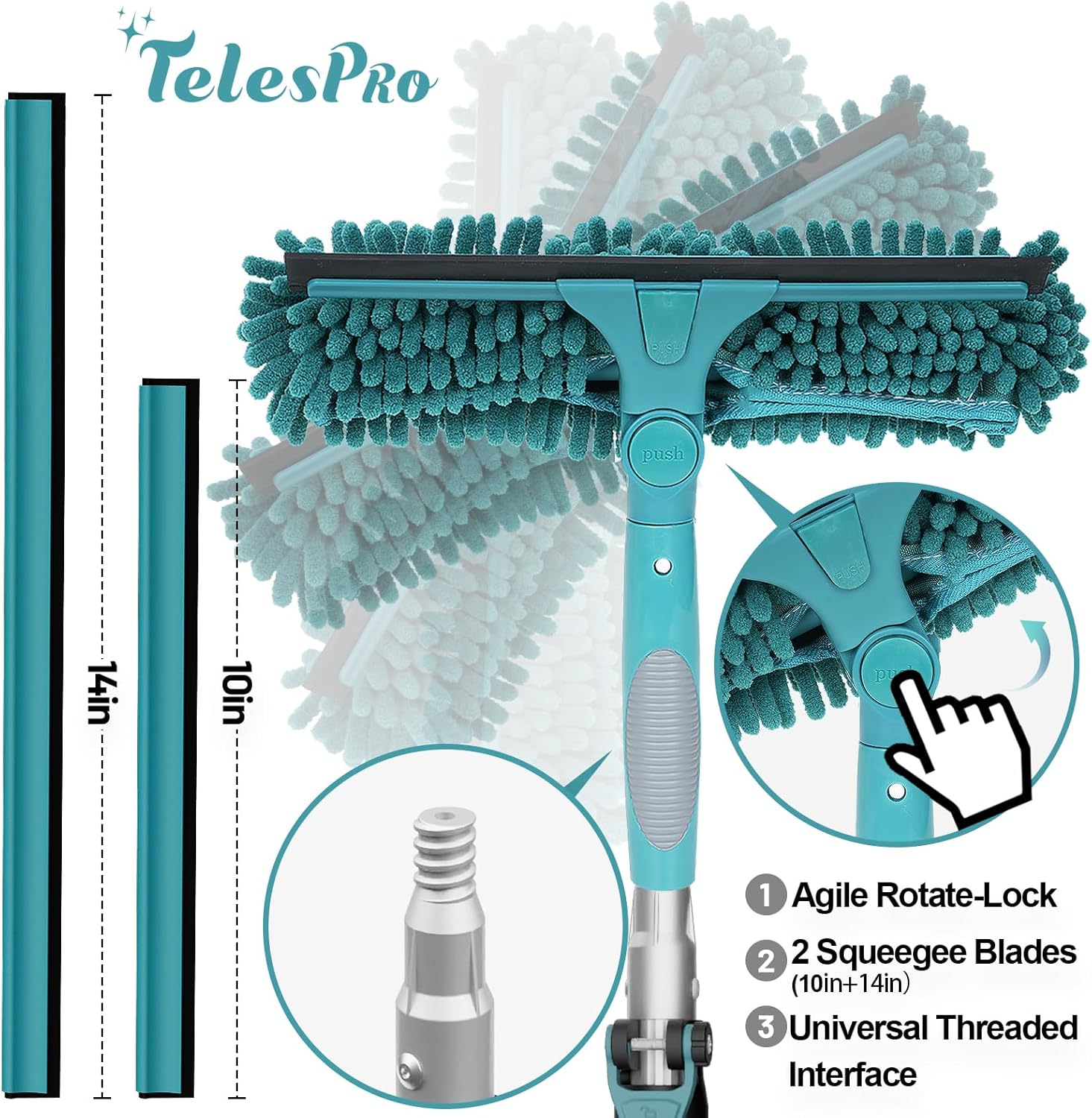 20 Feet High Reach Window Squeegee with 5-12Ft Extension Pole, Window Cleaner Tool with 3-Stage Telescoping Pole, Window Cleaning Kit with Rotatable Head (2 Squeegee & 2 Microfibre Cloths)