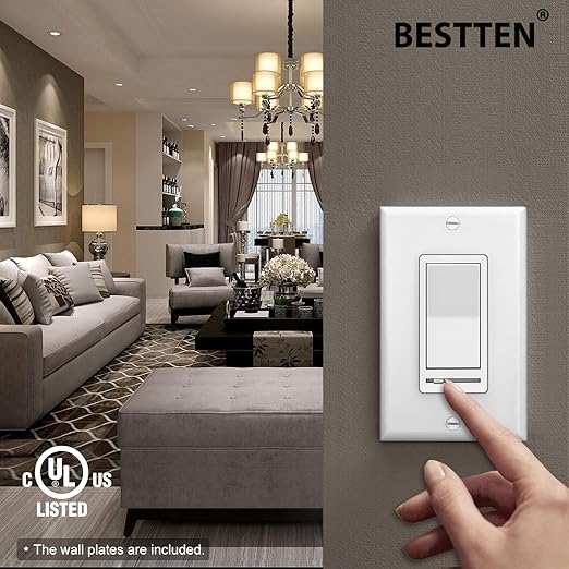 BESTTEN 10 Pack Dimmer Light Switch, Single-Pole or 3-Way Dimmer Switches, 120V, Compatible with Dimmable LED, CFL, Incandescent and Halogen Bulbs, Decorator Wallplate Included, UL Listed, White