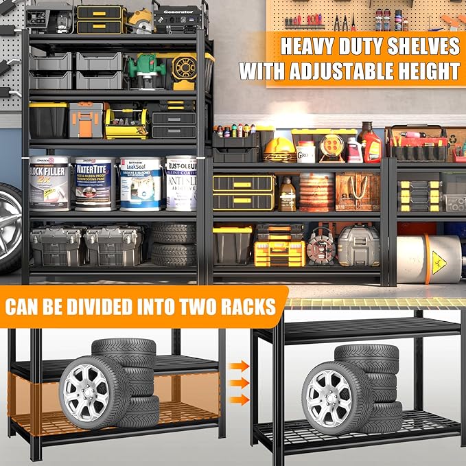 72" H Heavy Duty Garage Shelving 5 Tier 2500 LBS Storage Shelves Adjustable Industrial Metal Wire Shelf Unit for Garage,Basement,Pantry,Warehouse,Commercial