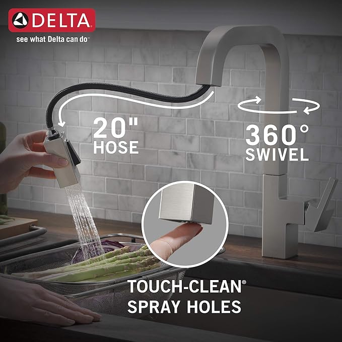 Delta Junction Brushed Nickel Kitchen Faucet with Pull Down Sprayer, Modern Single Hole Kitchen Sink Faucet, Single Handle, Spotshield Stainless 19825LF-SP