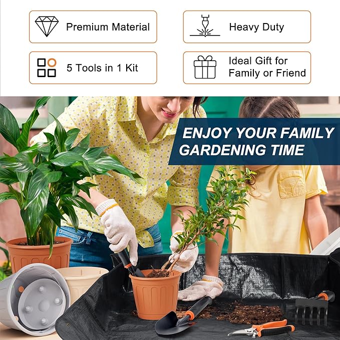 Joyfair Garden Tool Set, 5 Pcs Gardening Tools for Women & Men, Gardening Hand Tool Kit with Pruning Shear, Repotting Mat, Transplant Trowel, Hand Rake, Heavy-Duty Plant Supplies for Indoor & Outdoor