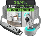 GEARit 360 Rotating Flat Plug Extension Cord with 3 Outlets (10ft, Gray) 16AWG/13A 3 Prong Wire, Outlet Saver for Home Office Dorm Room Essentials, ETL Certified