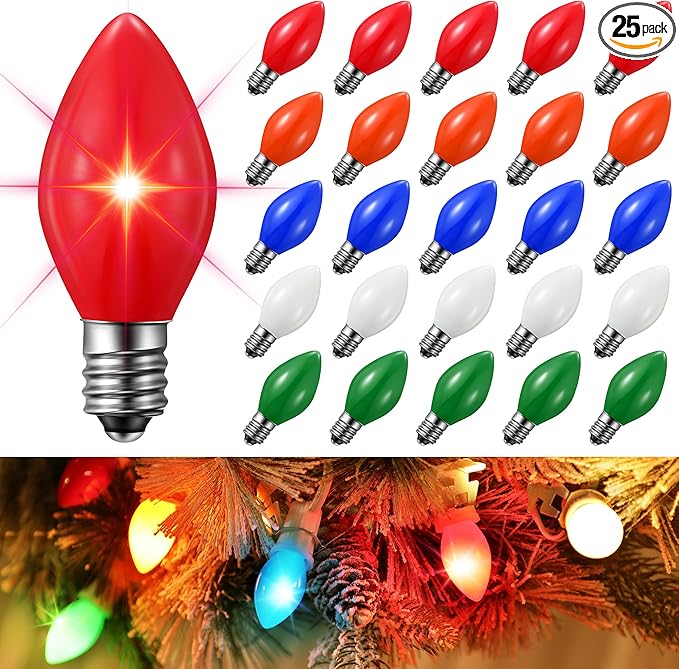 25 Pack Twinkle Christmas Replacement Bulbs, 7W Random Blinking Light Bulbs for Christmas String Light, Nightlights(Multicolor,C7,E12 Intermediate Base)