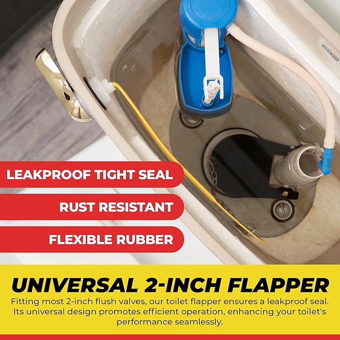 Qualihome Front Mount Brass Polished Gold Toilet Handle Replacement Kit with 2 Inch Universal Toilet Flapper Replacement Kit and Stainless Steel Toilet Flapper Chain