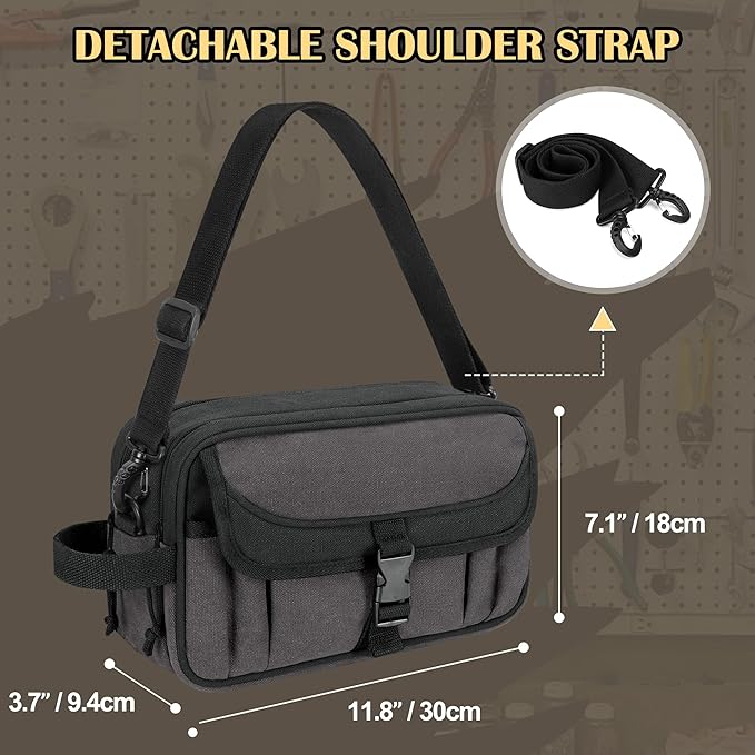 Small Canvas Tool Pouch with Zipper, 12 Inch Tool Organizer Bag, Double Layer Utility Storage Bag with Shoulder Strap for Electrician, Black/Gray (Empty Bag)