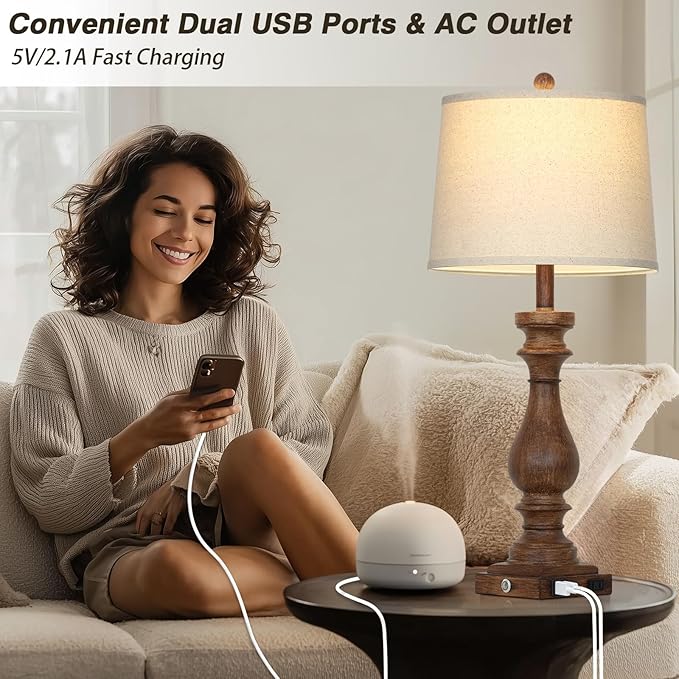 29" Tall Farmhouse Table Lamp for Living Room Set of 2,Vintage Retro Nightstand Lamps with USB C+A Ports & AC Outlet,3-Way Dimmable Touch Bedside Lamp for Bedroom Side Table,Brown