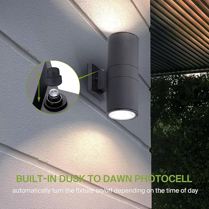 ASD 2 Light Dusk to Dawn Outdoor Wall Light Fixture | 120W E26 Bulb Socket 120V ETL Cylinder Up Down Lights | LED/CFL/Incandescent Bulb Exterior Wall Sconce | Front Door, Porch, Patio | Black, 2 Pack