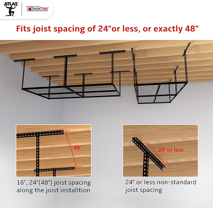 The Atlas 4 x 8 ft Adjustable Height Overhead Garage Storage Rack 900 lbs Heavy Duty Capacity Hammertone Finish