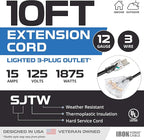 Iron Forge Cable 12 Gauge Extension Cord with Multiple Outlets - Black Heavy Duty Extension Cord 10 ft - 12/3 SJTOW, 3 Prong Lighted Outlet Cords