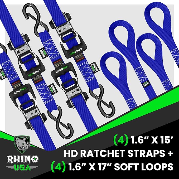 Rhino USA Ratchet Straps Heavy Duty Kit (4-Pack) - 1.6 Inch x 15 Feet (5,208lb Break Strength) - Ultimate Tie Down Straps with Safety S Hooks for Trucks, ATV, UTV, Motorcycle, Cargo & More - Blue