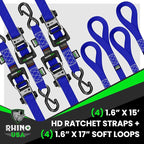 Rhino USA Ratchet Straps Heavy Duty Kit (4-Pack) - 1.6 Inch x 15 Feet (5,208lb Break Strength) - Ultimate Tie Down Straps with Safety S Hooks for Trucks, ATV, UTV, Motorcycle, Cargo & More - Blue