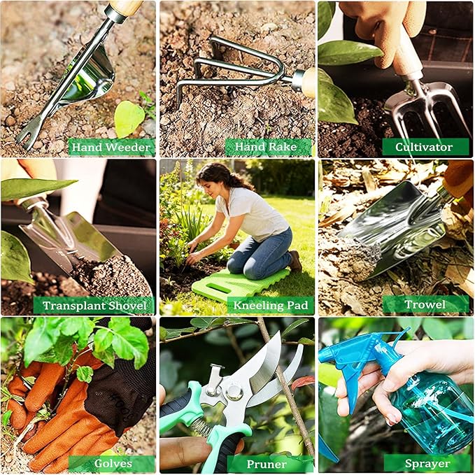 Garden Tool Set 11-Piece Heavy Duty Gardening Hand Tools - Rust-Resistant Stainless Steel with Durable Stylish Garden Tools Organizer Tote Bag | Ideal Gardening Gift for Women & Garden Enthusiasts
