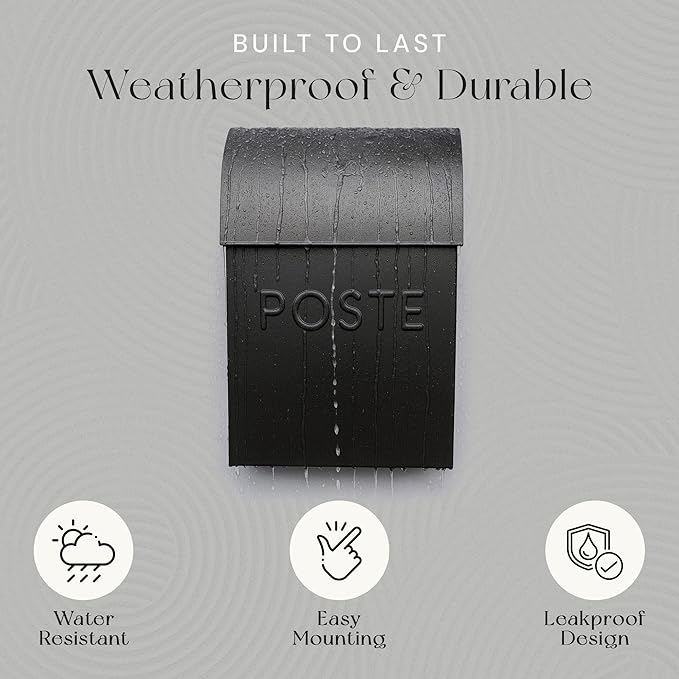 NACH French Mailboxes for Outside Wall Mount, 15 x 9.5 x 4 inches, Black Wall Mounted Mailbox and Newspaper Holder, Waterproof Mailbox for Door - The Milano Mailbox