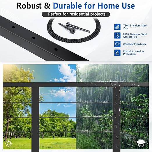 36" Expandable 12-16FT Black T304 Cable Railing Post Kit, Complete Cable Railing System with 4 Level Posts & 177ft 1/8" Wire Rope(No Handrail), Adjustable Length Easy DIY for Decks/Porch