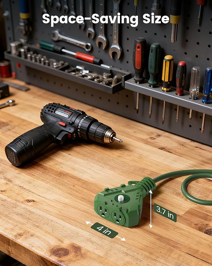 SURAIELEC Outdoor Extension Cord with 6-Outlet Power Hub Plug, 25FT 14/3 AWG SJTW Heavy-Duty Power Cord, 15A Circuit Breaker, ETL Listed, for Garage, Workshop, and Holiday Decorations, Green