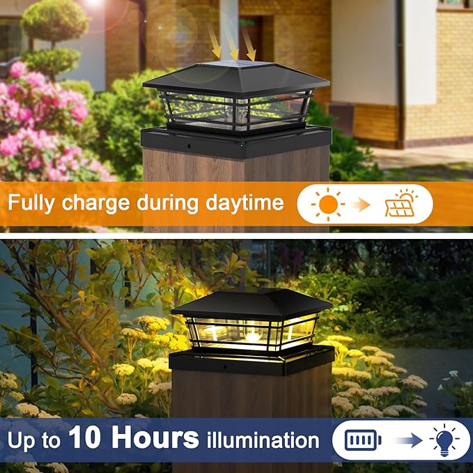 Solar Post Cap Lights Outdoor 2Pack [LED Bulb, 2 Brightness Setting] Fence Post Solar Lights Waterproof for 4x4 5x5 or 5.5x5.5 Wood Posts, Warm Bright Bulb Lighting for Garden Deck Yard