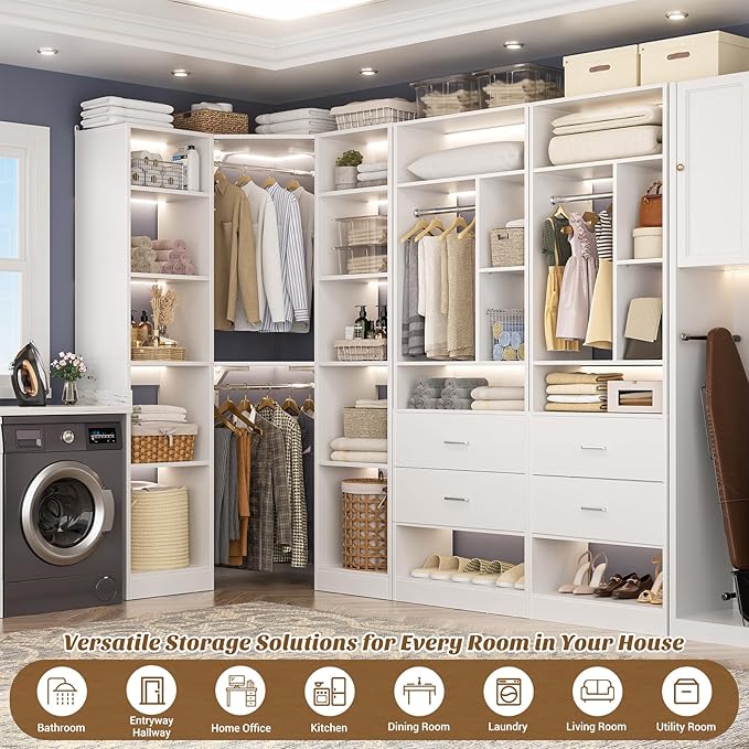 Large Corner Closet System with 3 Sets, 87.2" Closet Organizer System with 4 Drawers & 4 Hanging Rods, Reversible L Shaped Walk-in Closets, Load 2000+LBS, White (87.2" L x 39.2" W x 80" H)