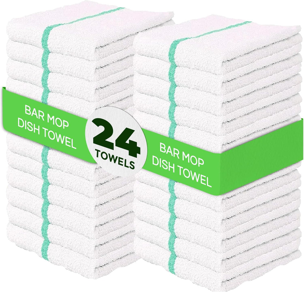 Towels N More 24 Pack 16x19 Bar Mop Towels High Absorbent Cotton Reusable Kitchen Towels - Quick Drying Towels for Chef, Cook, Home, Restaurant, Bar Glass Cleaning Towels (24, Green Stripe)
