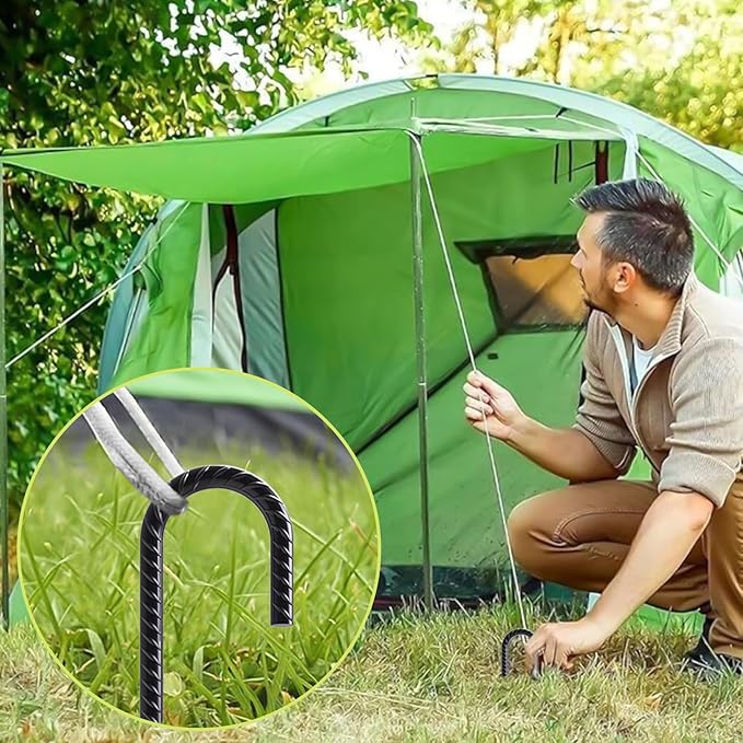 AAGUT 16 Inch Rebar Stakes 3/8" J Hook (16pcs) Heavy Duty Steel Ground Anchors Tent Stakes Ground Stakes with Chisel Point End for Chain Link Fence, Black