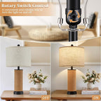 Set of 2 Rattan Table Lamps for Living Room with USB C+A Ports, 3 Color Temperature Nightstand Bedside Lamp Rocker Switch Coastal Lamps for Bedroom, Wicker Lamps for Living room (2 Bulbs Included)